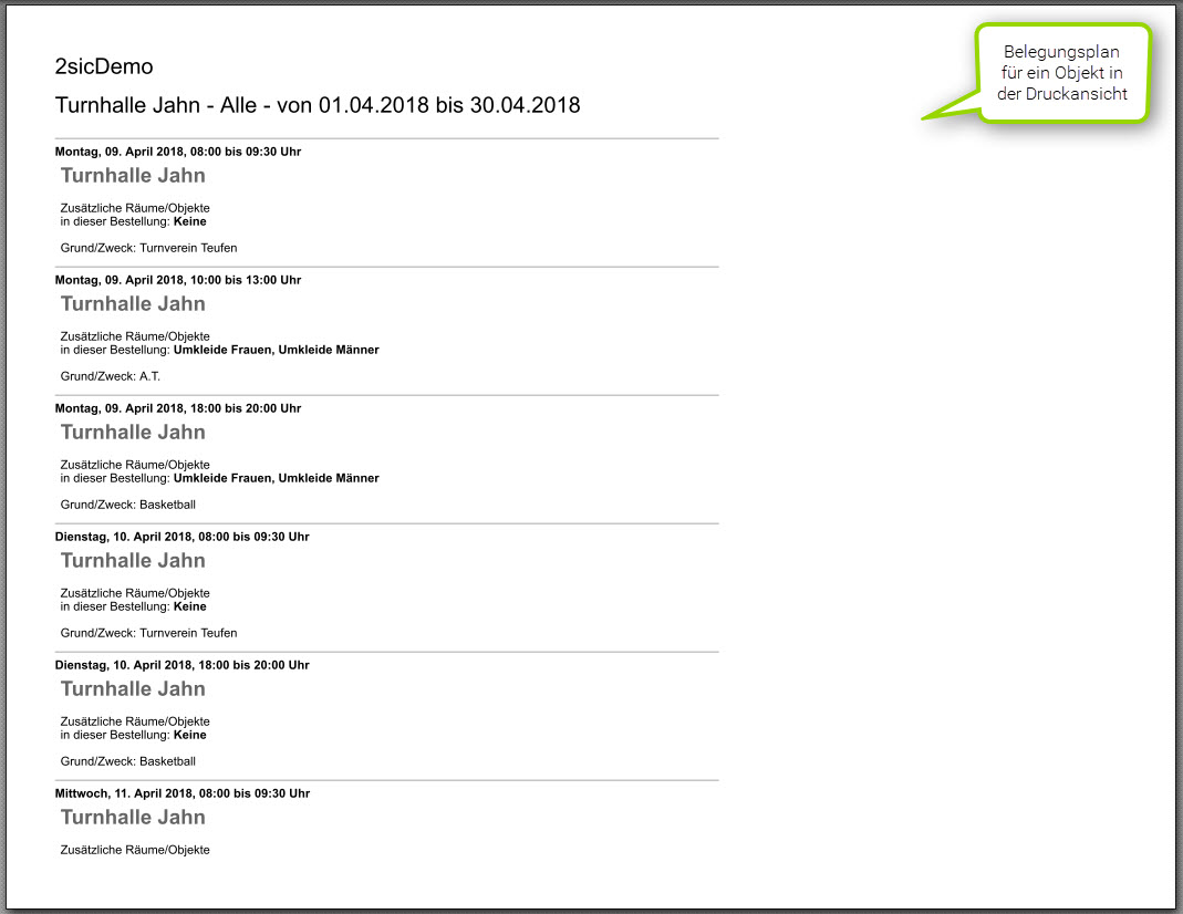 Belegungsplan in Textform